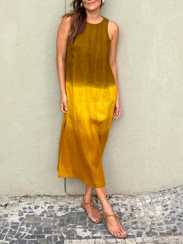 šBIG SALE ONLY TODAY! - Women's casual cotton and linen sleeveless slit gradient tie-dye long dress spiyle