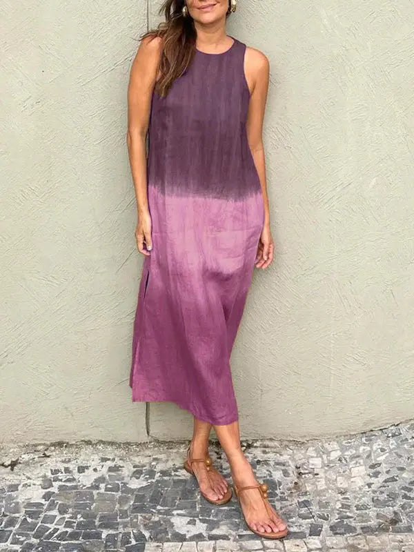 šBIG SALE ONLY TODAY! - Women's casual cotton and linen sleeveless slit gradient tie-dye long dress spiyle