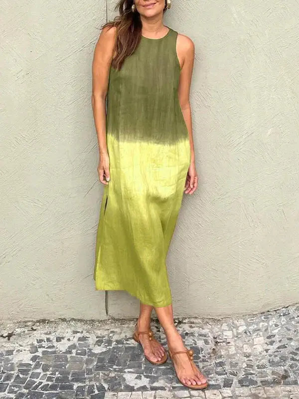 šBIG SALE ONLY TODAY! - Women's casual cotton and linen sleeveless slit gradient tie-dye long dress spiyle