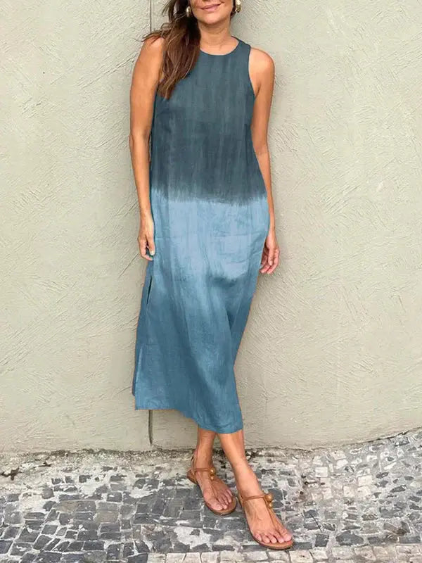 šBIG SALE ONLY TODAY! - Women's casual cotton and linen sleeveless slit gradient tie-dye long dress spiyle