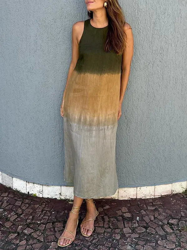 šBIG SALE ONLY TODAY! - Women's casual cotton and linen sleeveless slit gradient tie-dye long dress spiyle