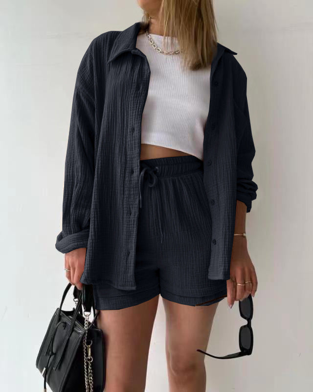 Long Sleeve Solid Color Shirt Shorts Set