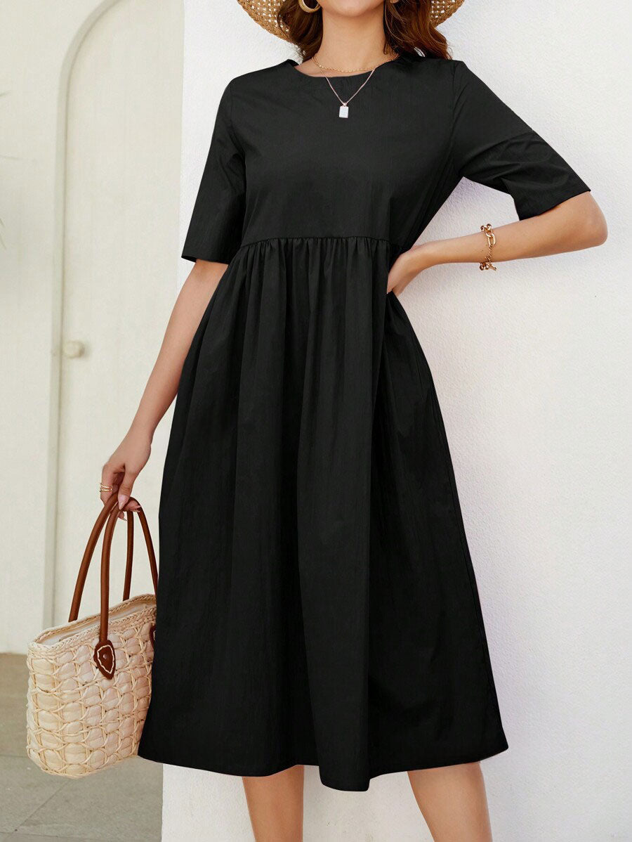 VCAY Women's Solid Color Short Sleeve Casual T-Shirt Dress With Round Neck