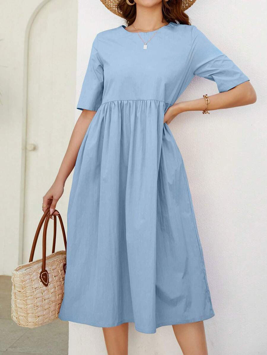 VCAY Women's Solid Color Short Sleeve Casual T-Shirt Dress With Round Neck