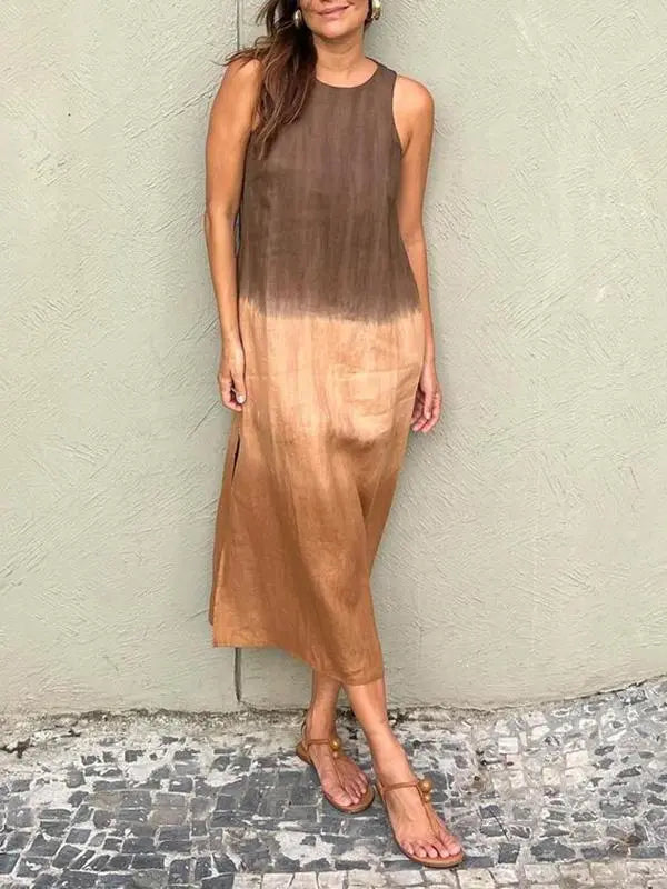 šBIG SALE ONLY TODAY! - Women's casual cotton and linen sleeveless slit gradient tie-dye long dress spiyle