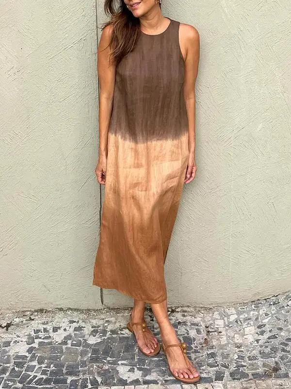 šBIG SALE ONLY TODAY! - Women's casual cotton and linen sleeveless slit gradient tie-dye long dress spiyle