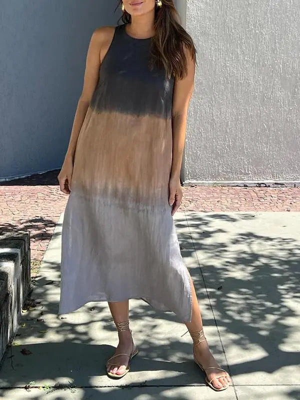 šBIG SALE ONLY TODAY! - Women's casual cotton and linen sleeveless slit gradient tie-dye long dress spiyle