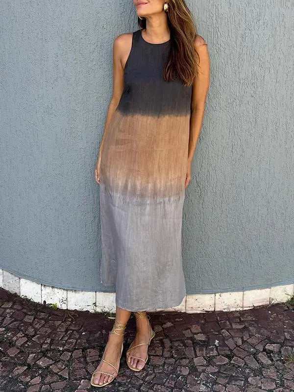 šBIG SALE ONLY TODAY! - Women's casual cotton and linen sleeveless slit gradient tie-dye long dress spiyle