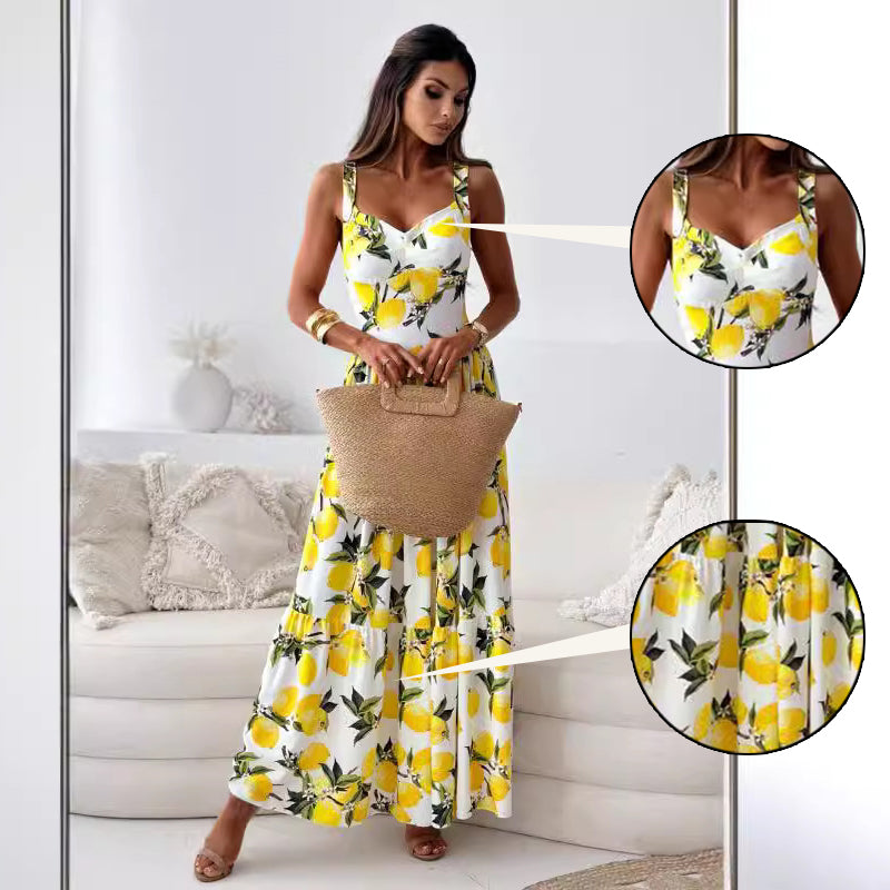 šWomenās Elegant Lemon Print Spaghetti Strap Flowy Long Dress