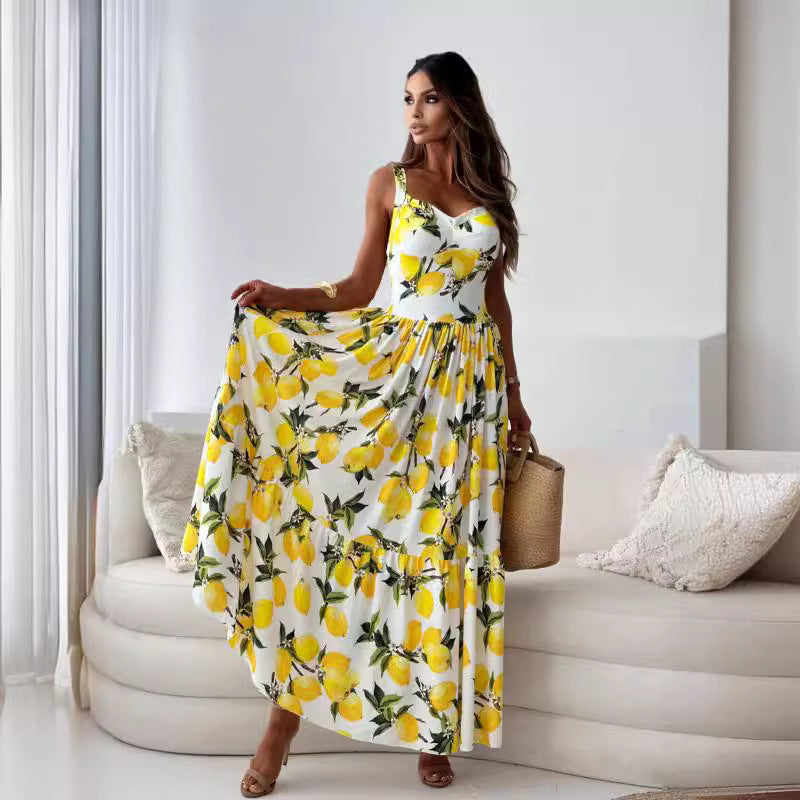 šWomenās Elegant Lemon Print Spaghetti Strap Flowy Long Dress
