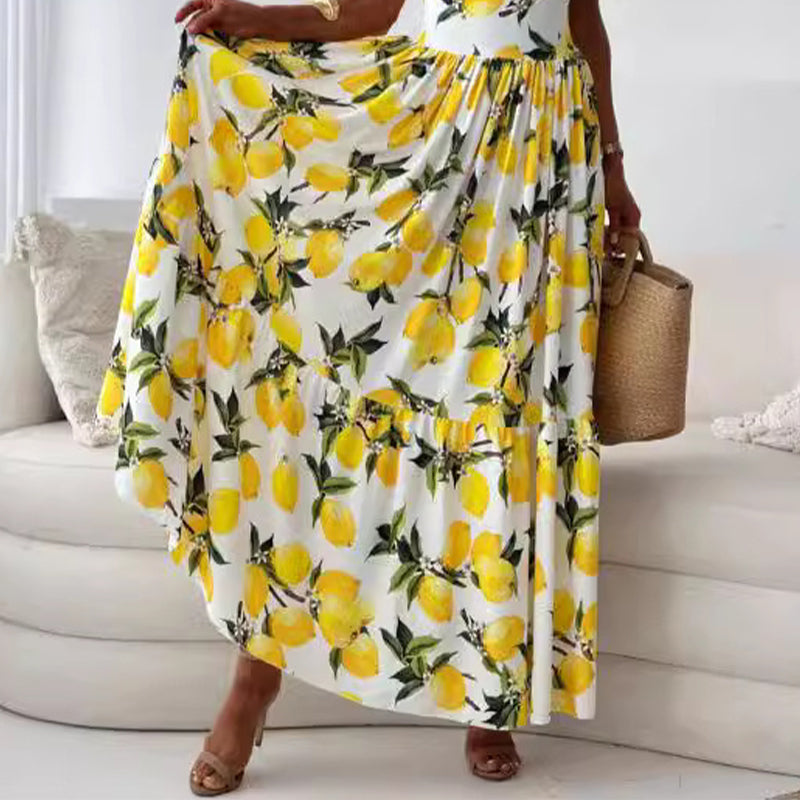 šWomenās Elegant Lemon Print Spaghetti Strap Flowy Long Dress