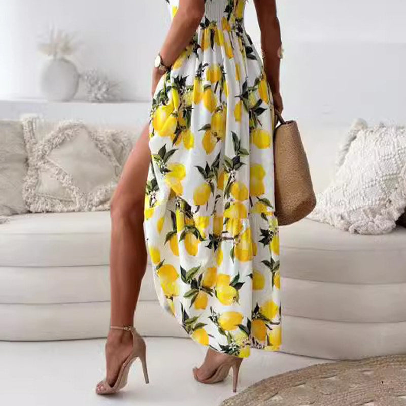 šWomenās Elegant Lemon Print Spaghetti Strap Flowy Long Dress