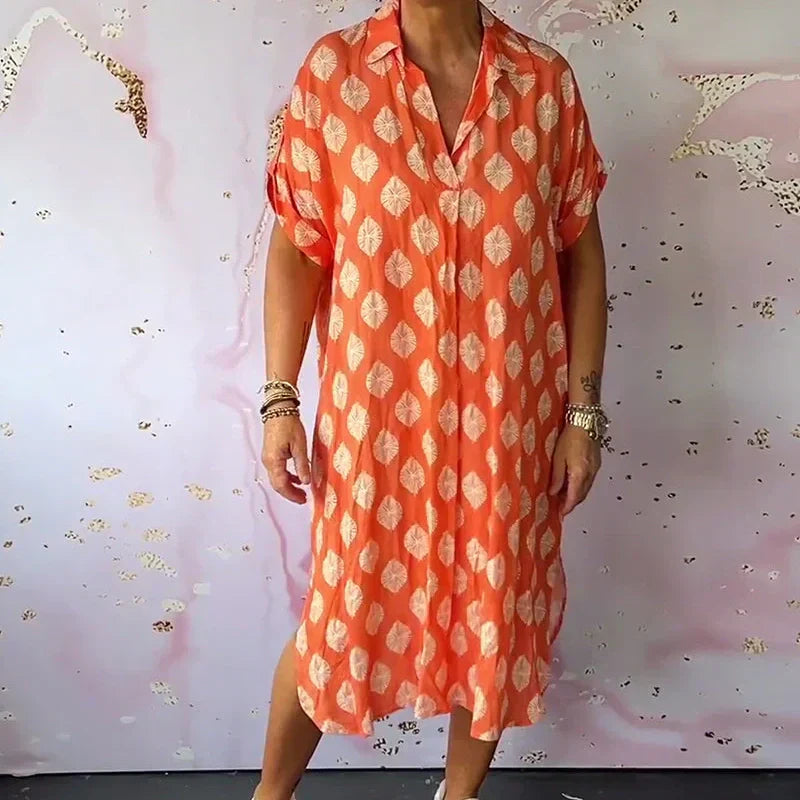 š„ćBUY 2 Free Shippingļ¼ćš„Womenās Lapel Short-Sleeve Print Slit Hem Dress spiyle