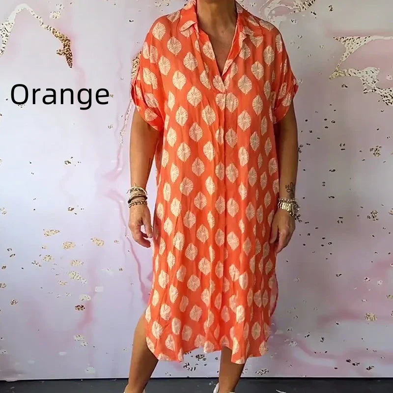 š„ćBUY 2 Free Shippingļ¼ćš„Womenās Lapel Short-Sleeve Print Slit Hem Dress spiyle