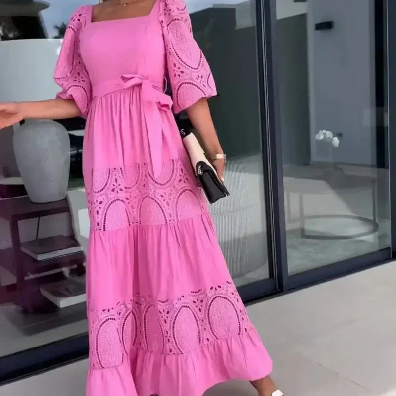 ⏳Time-limited Special⏰Women’s Trendy Patchwork Tie Waist Square Neck Long Dress