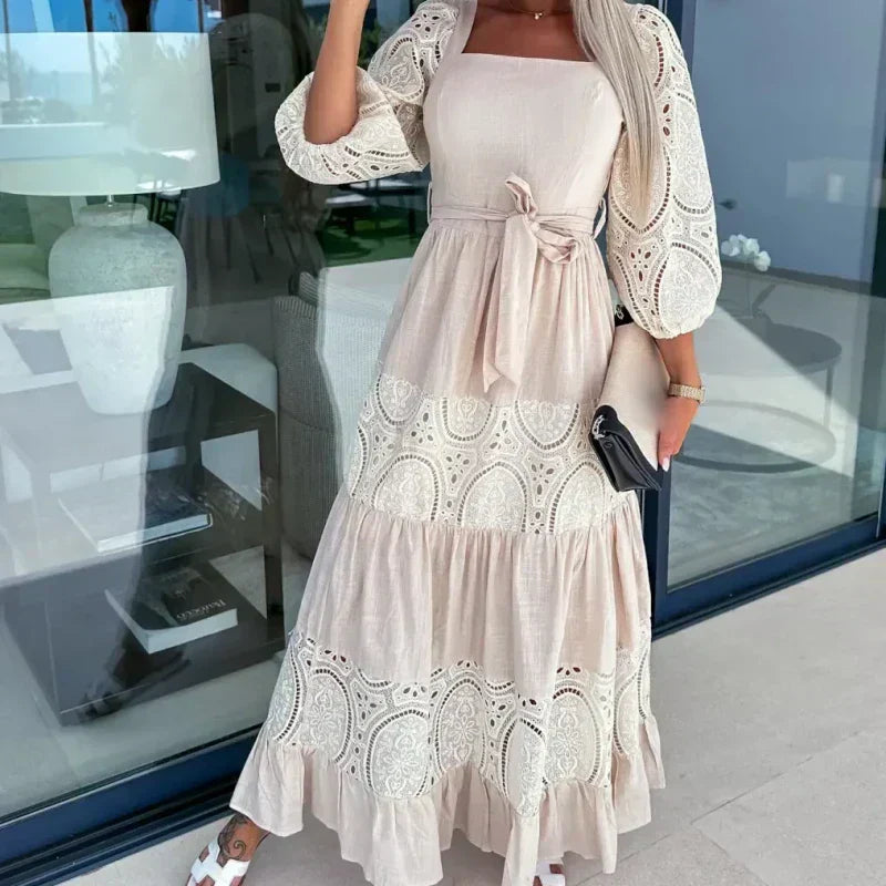 ⏳Time-limited Special⏰Women’s Trendy Patchwork Tie Waist Square Neck Long Dress