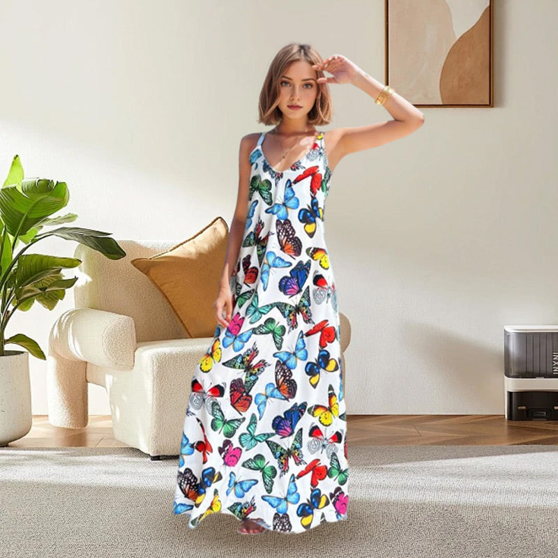 Butterfly Print V-neck Spaghetti Strap Maxi Dress spiyle