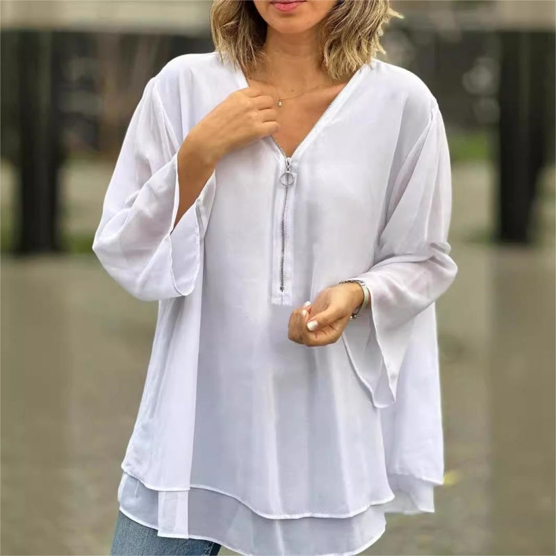 ✨Double-Layer V-neck Zipper 3/4 Sleeves Trendy Tops✈️Buy 2 for free shipping spiyle
