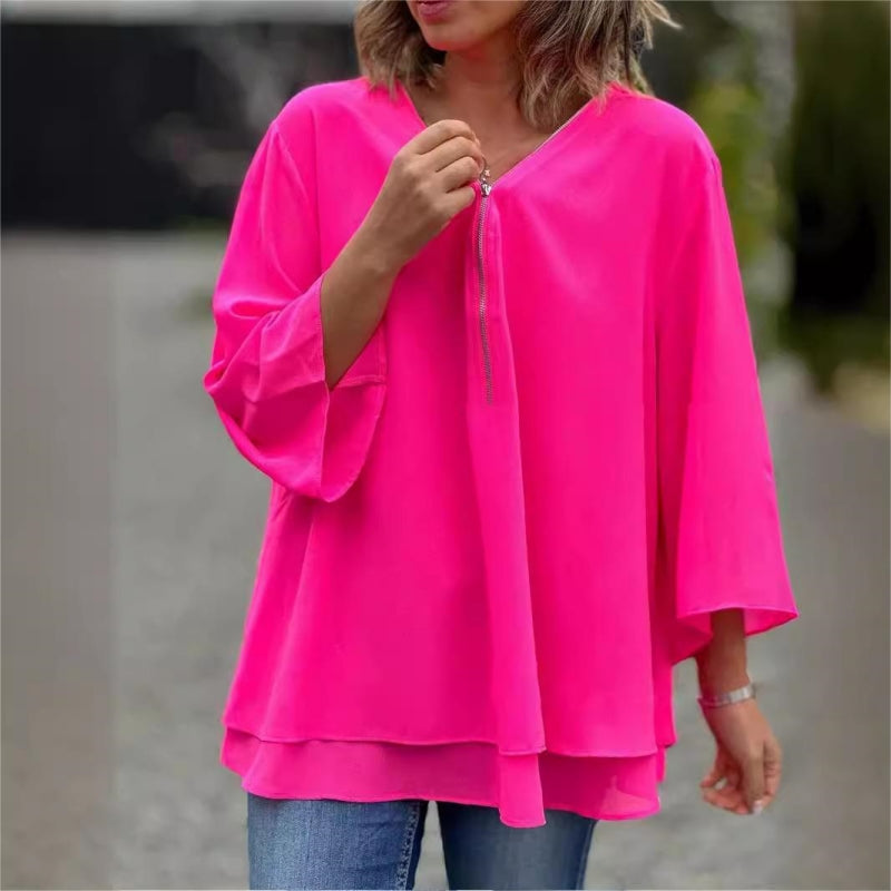 ✨Double-Layer V-neck Zipper 3/4 Sleeves Trendy Tops✈️Buy 2 for free shipping spiyle