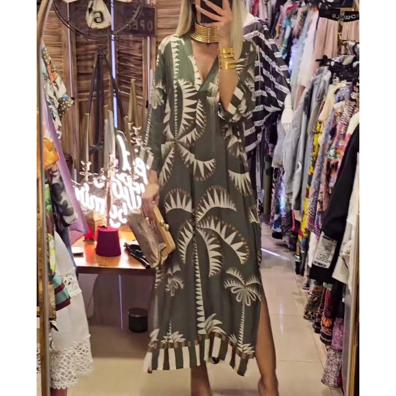 Women's Vintage Coconut Tree Print Dress with 3/4 Sleeve & Split Hem spiyle