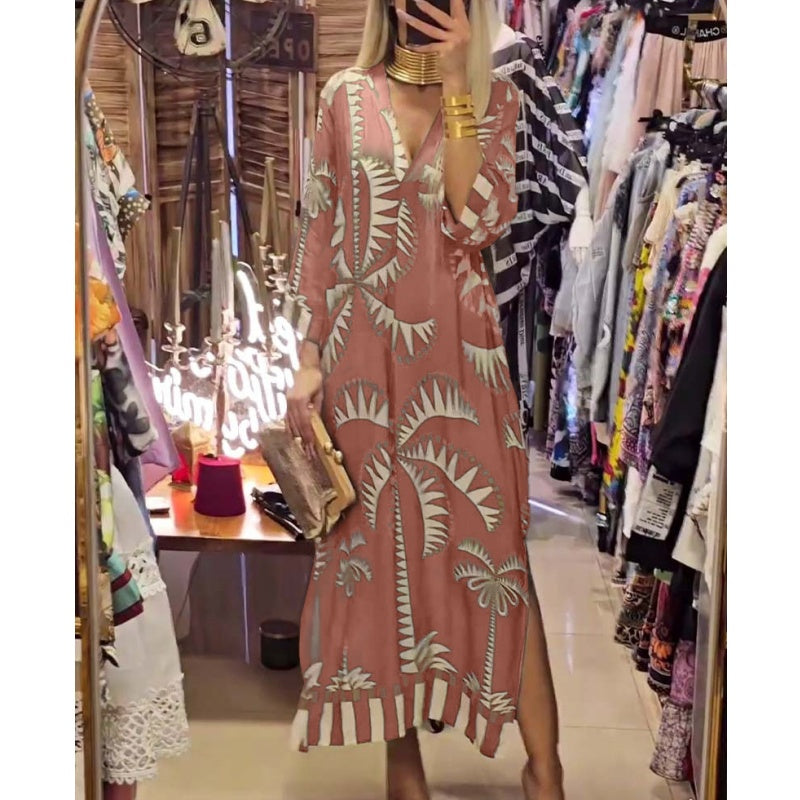 Women's Vintage Coconut Tree Print Dress with 3/4 Sleeve & Split Hem spiyle