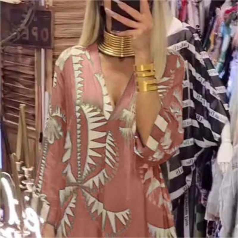 Women's Vintage Coconut Tree Print Dress with 3/4 Sleeve & Split Hem spiyle