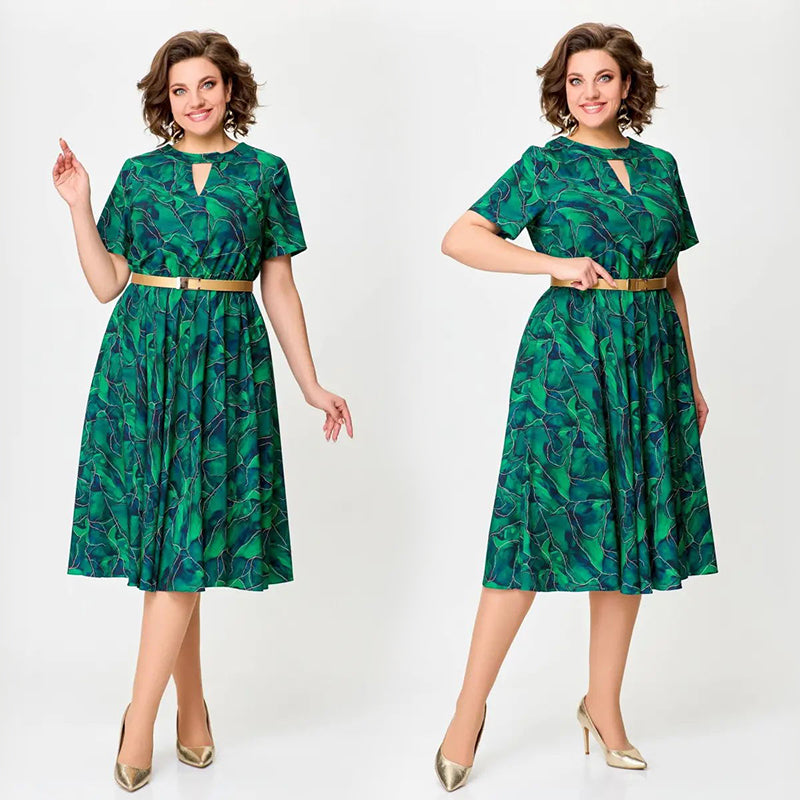 Women’s Short-Sleeve Print Cutout Dress with Belt