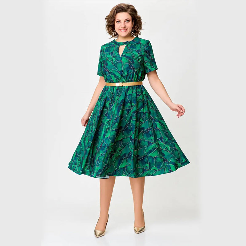 Women’s Short-Sleeve Print Cutout Dress with Belt