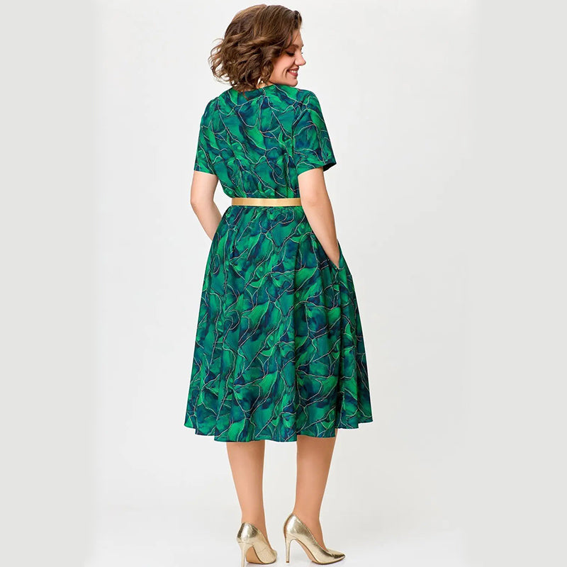 Women’s Short-Sleeve Print Cutout Dress with Belt