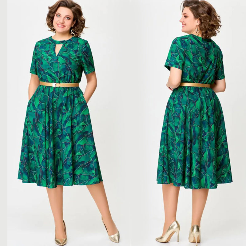Women’s Short-Sleeve Print Cutout Dress with Belt