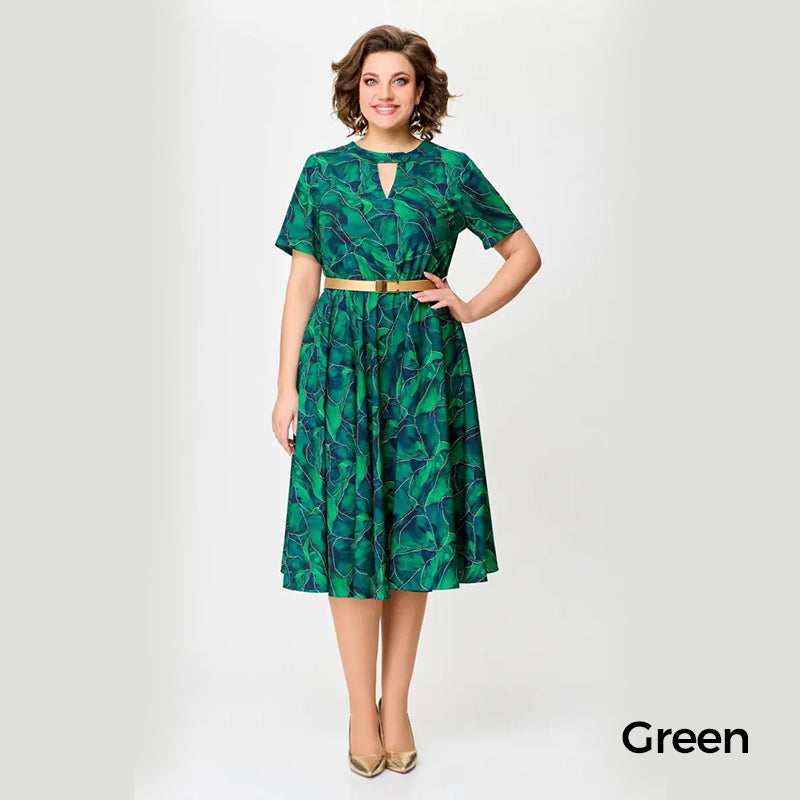 Women’s Short-Sleeve Print Cutout Dress with Belt