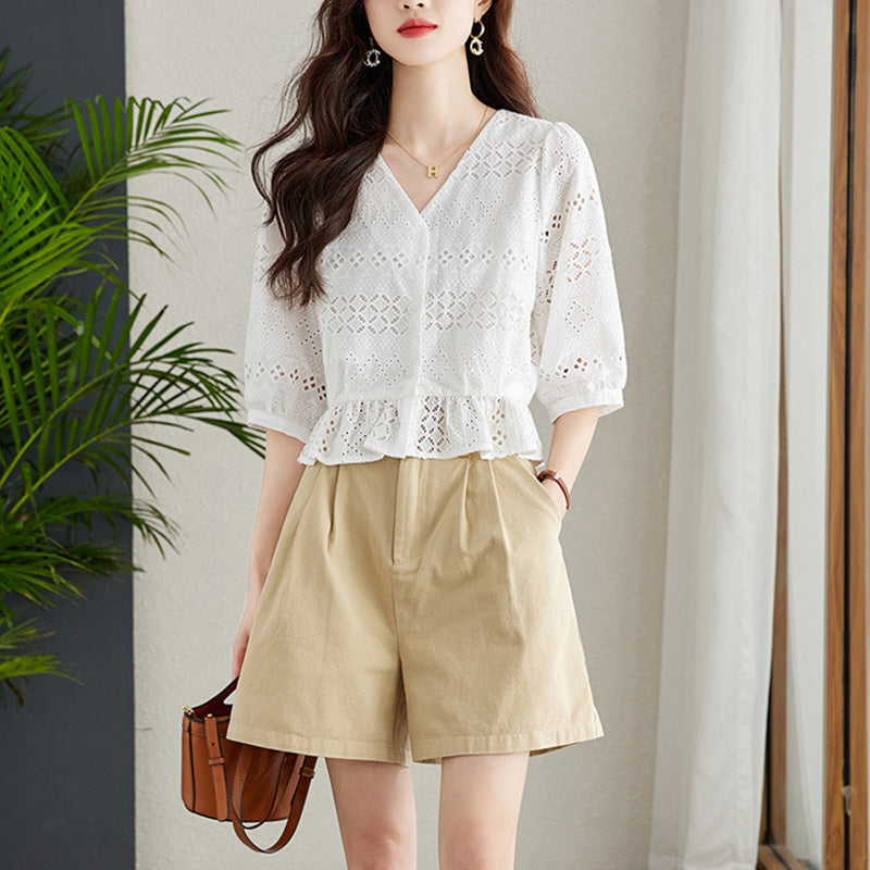 Women’s Half Sleeve V-Neck Eyelet Solid Tops