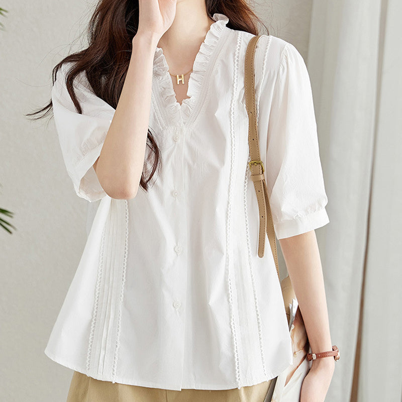 Women's Elegant V Neck Loose Fit White Blouse