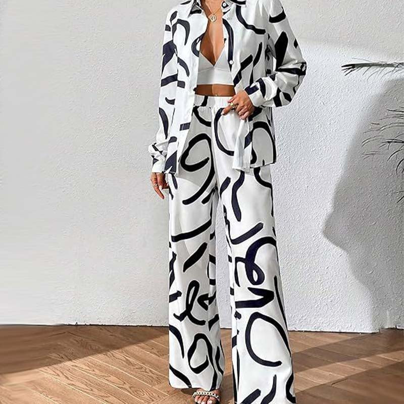 Lapel Print Tops & Wide-Leg Pants 2-Piece Set