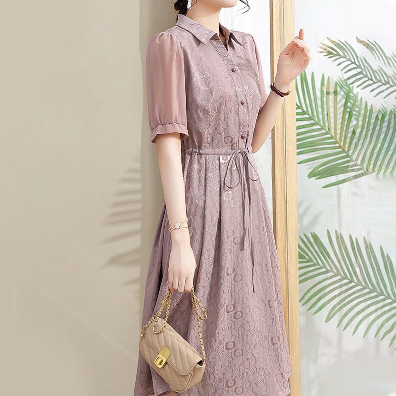 Fashion Breathable Printed Botton-Down Tie Waist Dress