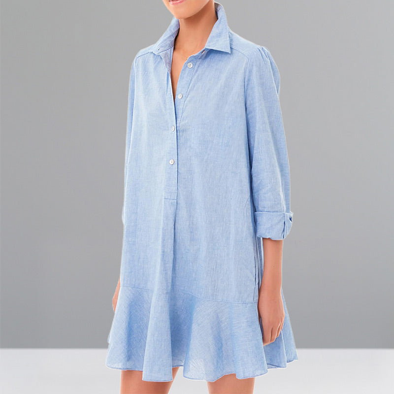 Women's Solid Color Long-Sleeve Lapel Shirt with Ruffled Hem