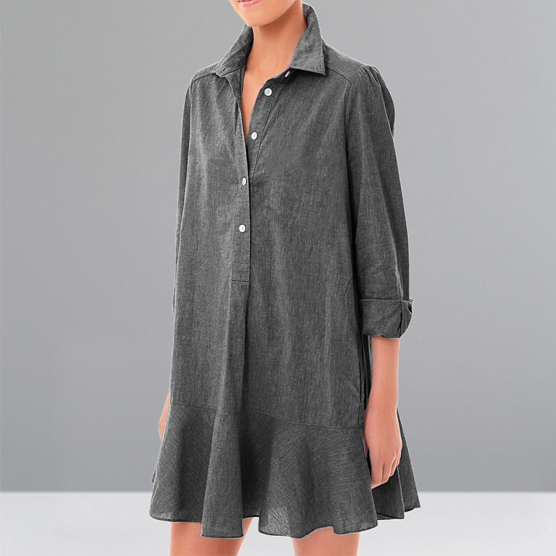 Women's Solid Color Long-Sleeve Lapel Shirt with Ruffled Hem