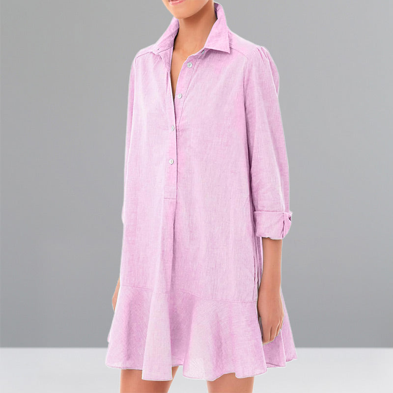 Women's Solid Color Long-Sleeve Lapel Shirt with Ruffled Hem