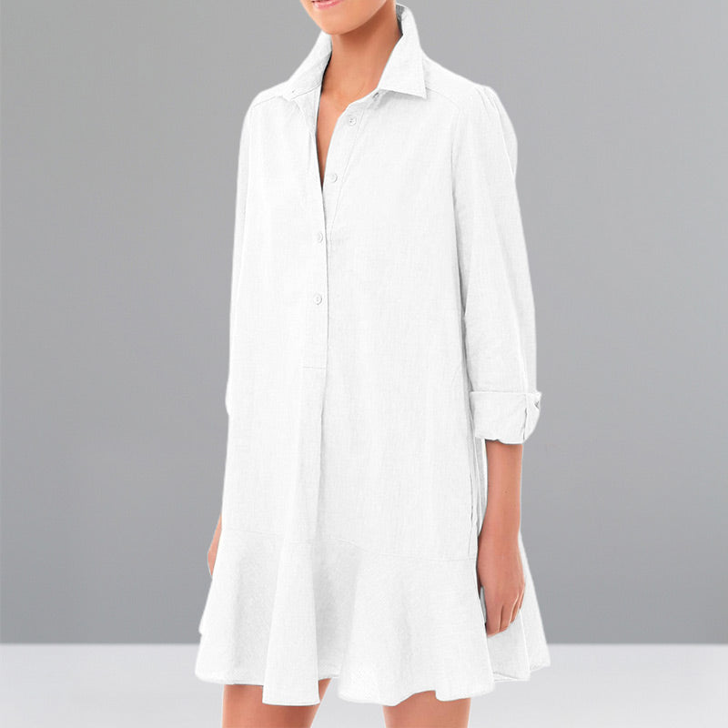 Women's Solid Color Long-Sleeve Lapel Shirt with Ruffled Hem