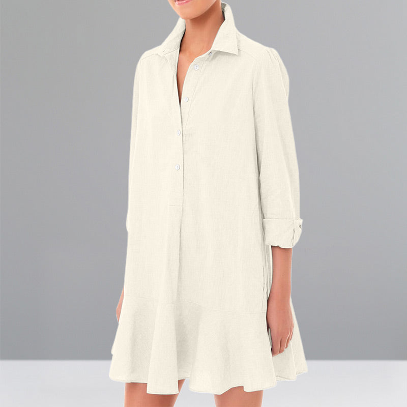 Women's Solid Color Long-Sleeve Lapel Shirt with Ruffled Hem