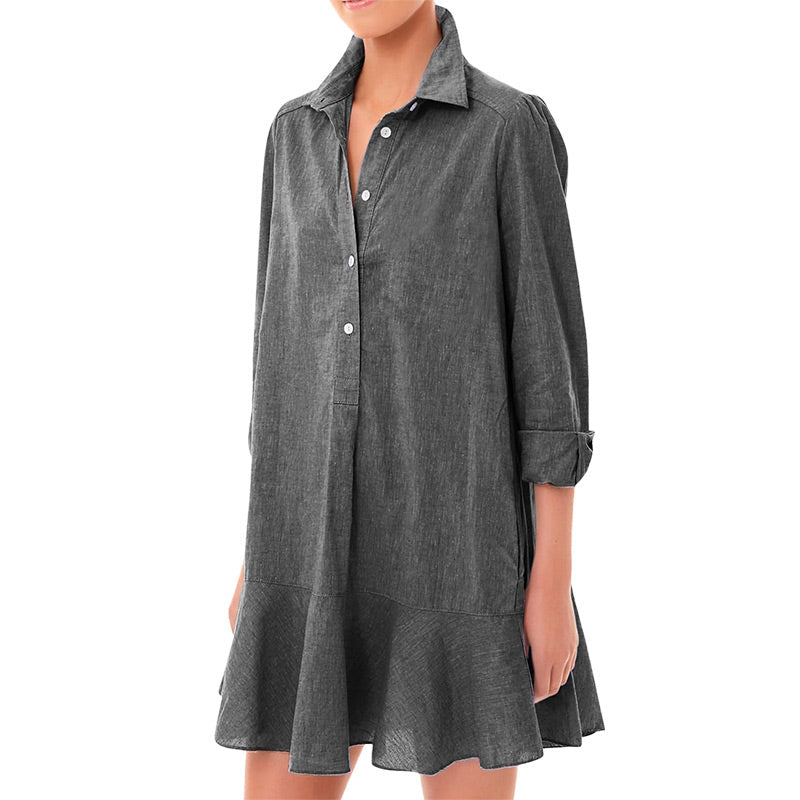 Women's Solid Color Long-Sleeve Lapel Shirt with Ruffled Hem