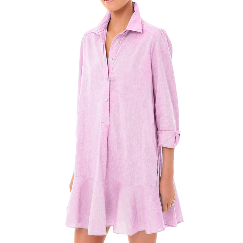 Women's Solid Color Long-Sleeve Lapel Shirt with Ruffled Hem