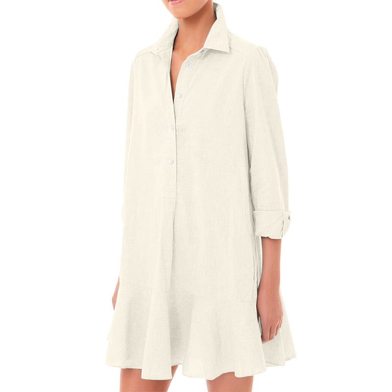 Women's Solid Color Long-Sleeve Lapel Shirt with Ruffled Hem