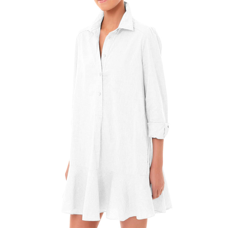 Women's Solid Color Long-Sleeve Lapel Shirt with Ruffled Hem