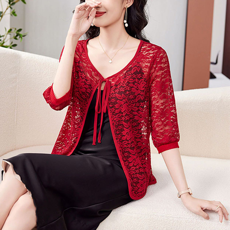 Tie Front Lace Bolero with 3/4 Sleeves