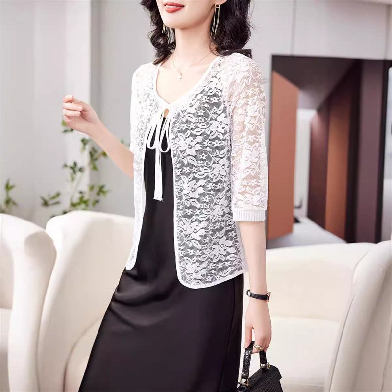 Tie Front Lace Bolero with 3/4 Sleeves