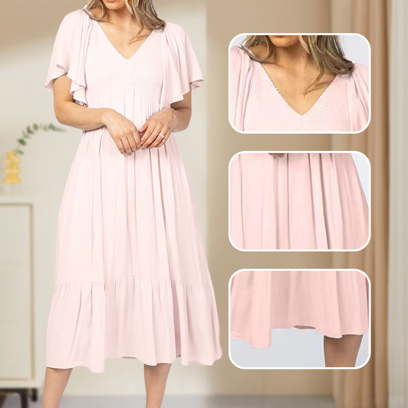 Fashion Casual Ruffle Sleeve V-Neck Pleated Dress