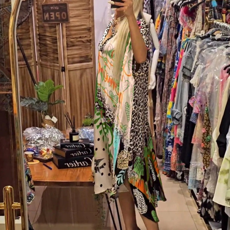 Women’s Deep V-Neck Short Sleeve Printed Dress