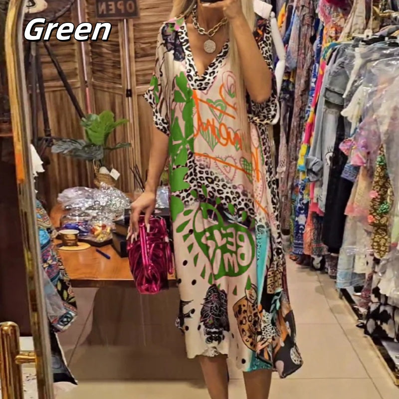 Women’s Deep V-Neck Short Sleeve Printed Dress