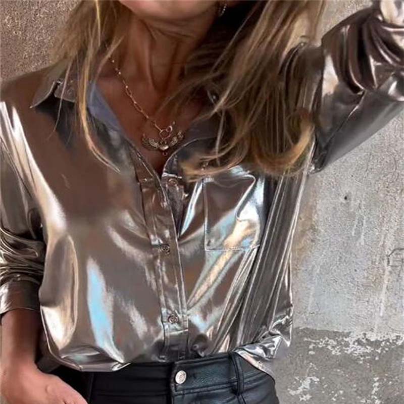 🍂Fall Specials🍂Women's Shimmer Metallic Leather Button-Up Shirt